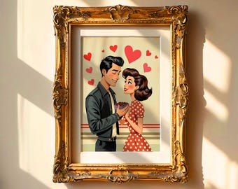 Brunette Retro couple print, Retro Wall Art Printable, Valentine Wall Art, Valentines Day Wall Decor, Valentines printable, Digital Download