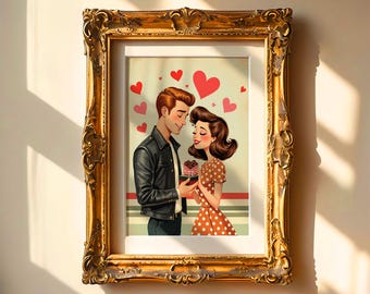 Retro couple print, Retro Wall Art Printable, Valentine Wall Art, Valentines Day Wall Decor, Valentines printable, Digital Download.