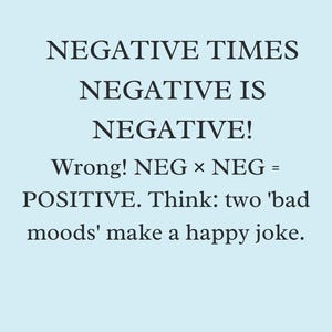 May include: A light blue background with black text that reads "NEGATIVE TIMES NEGATIVE IS NEGATIVE!" Below, it says "Wrong! NEG × NEG = POSITIVE. Think: two 'bad moods' make a happy joke."