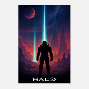 Halo Minimalist Shadow Poster | Nostalgic Gamer Wall Art | Master Chief Silhouette | Vibrant Sci-Fi Decor