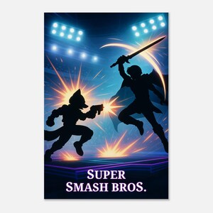 May include: Poster featuring a dynamic silhouette of two characters in a battle scene. One figure, resembling a fox, holds a gun, while the other wields a sword. The background shows a stadium with bright lights and the text "SUPER SMASH BROS."