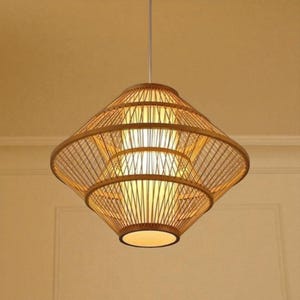 Handmade Bamboo Pendant Light, Woven Boho Chandelier, Rustic Eco-Friendly Hanging Lamp for Dining Room, Kitchen, Bedroom