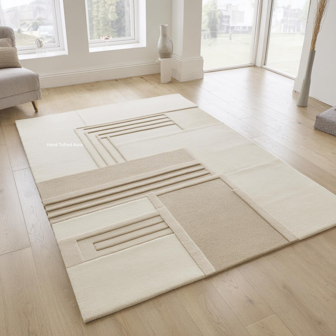 Cream, Beige Geometric Rug | Modern Neutral Textured Area Carpet for ...