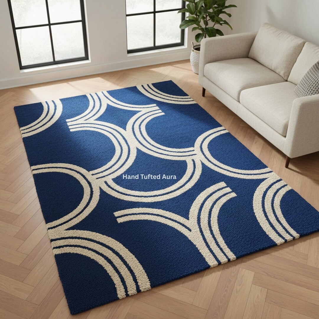 Arc Rug Blue and White Geometric Arc Rug, Modern Hand-tufted Wool Area Rug for ...
