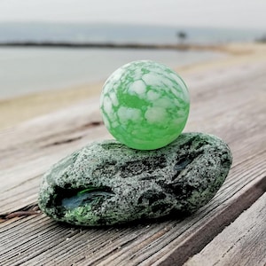 Rare Large Sea Marble 7/8&quot; Confetti Green White + Display Sea Glass | Genuine Surf Tumbled Marble from Black Sea | Collector Beach Glass