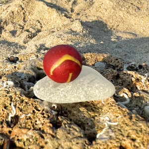 Rare Scarlet Red Sea Marble with a yellow swirling stripe & Sea Glass Base | Genuine Beach Found Glass | Surf-Tumbled Marble for Jewelry