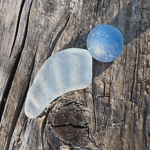 Genuine Multi-Blue Sea Marble with Embossed Light Blue Sea Glass Stand • Rare Surf-Tumbled Beach Finds • Jewelry  Collector’s Piece