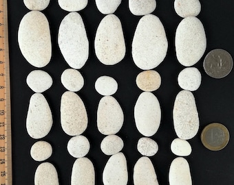 Puede incluir: Vista cenital de una colección de piedras de río blancas y lisas de varios tamaños. Las piedras están dispuestas sobre una superficie negra, con una regla y una moneda para la escala. Las piedras tienen un aspecto natural y desgastado.