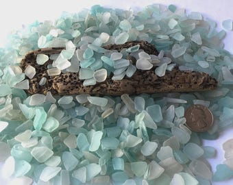 May include: A collection of sea glass in shades of blue and white, with a piece of driftwood in the center. A U.S. quarter coin is included for size reference. The sea glass is smooth and tumbled, with rounded edges.