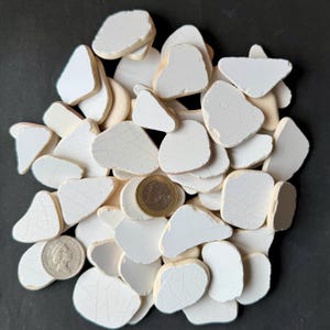 Può includere: Una collezione di frammenti di ceramica bianca con una moneta come scala. I frammenti hanno una superficie liscia e bianca con crepe visibili e bordi beige. La moneta è una moneta euro dorata. Lo sfondo è una superficie scura.