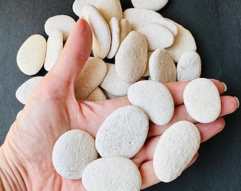 May include: A collection of smooth, off-white river stones. The stones vary in size and shape, with a rounded, oval form. The surface of each stone has a slightly textured appearance. The stones are held in a hand, with more stones scattered in the background.