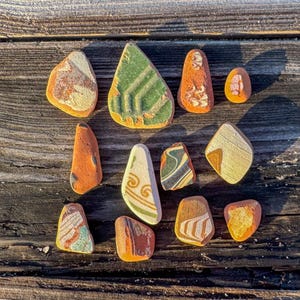 Può includere: Una collezione di frammenti di ceramica colorati di forma irregolare con vari motivi e disegni. I frammenti sono in tonalità di arancione, verde, bianco e marrone, disposti su una superficie di legno stagionato. I frammenti di ceramica variano per dimensioni e forma.