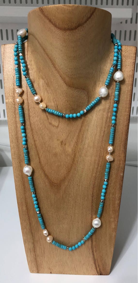 Turquoise and Freshwater Pearl Necklace | Etsy