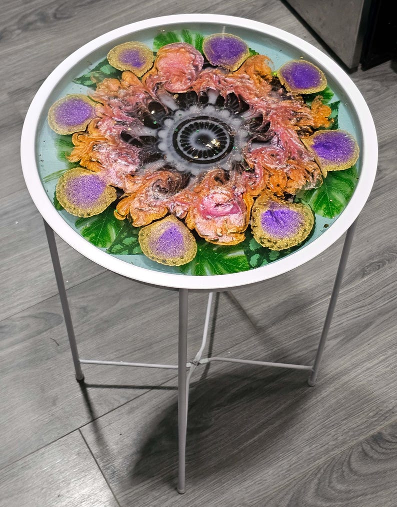 Mid-Century Modern Resin Round Side Table – Epoxy End Table With Acacia Wood, Black, 24 Inch Diameter – Coffee Table Decor