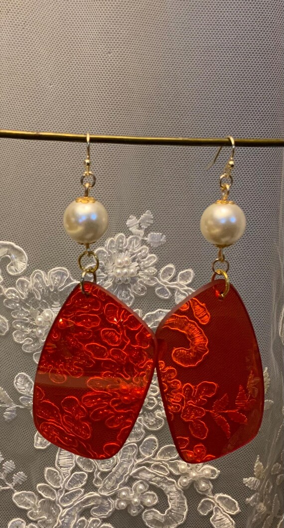 Red Dangle Earrings W/ Faux Pearls, Recycled Material, Unique
