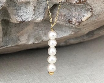 Freshwater Pearl Vertical Bar Necklace Gold, June Birthstone Gifts, Long Pearl Pendant Necklace, Pearl Jewelry, June Birthday
