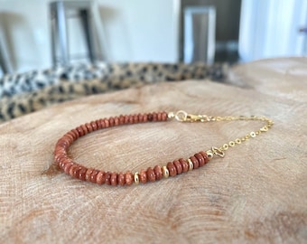 Red Brown Goldstone Bracelet, Gold Filled or Sterling Silver Beaded Gemstone Bracelet for Women, Jewelry Gifts for Her
