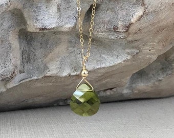 Peridot Swarovski Crystal Necklace Gold Filled or Sterling Silver, Green Olivine Teardrop Pendant, Birthstone Jewelry Gift for Her