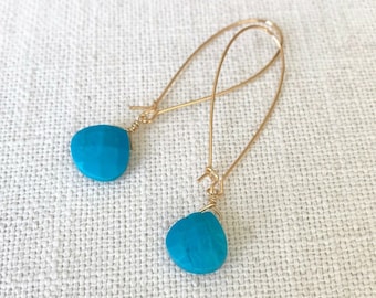 Long Turquoise Hoop Dangle Earrings, Gold or Silver Blue Gemstone Earrings, Birthday Jewelry Gifts for Her