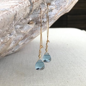 Long Aquamarine Earrings Swarovski Crystal, Aquamarine Dangle Hoops, March Birthstone Gift, Drop Earrings for Her