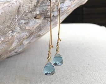 Long Aquamarine Earrings Swarovski Crystal, Aquamarine Drop Dangle, March Birthday Gift, Aquamarine Hoops, March Birthstone