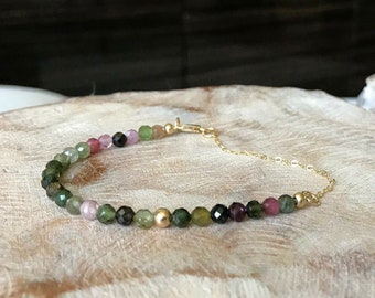 Beaded Multi Color Tourmaline Bracelet, Gold Filled Gemstone Stack Bracelet for Women, Dainty Jewelry Gifts for Her