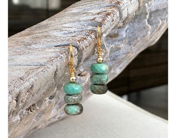 Moss Opal Drop Dangle Earrings Gold, Gemstone Huggies, Green Stone Earrings, October Birthstone, Opal Jewelry