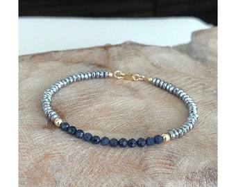 Beaded Sapphire and Hematite Bracelet for Women, Gemstone Stack Bracelet, Jewelry Gifts for Her