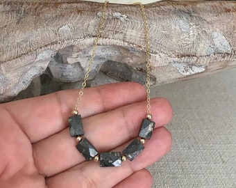 Beaded Pyrite Necklace Gold Filled or Sterling Silver, Gemstone Layering Necklace for Women, Sparkly Gem Necklace