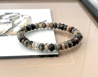 Silver Leaf Jasper Bracelet, Beaded Gemstone Stretch Bracelet for Women, Earthy Jewelry