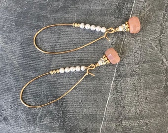 Sunstone and Pearl Hoop Dangle Earrings, Long Gold or Silver Gemstone Earrings, Sunstone Drop Earrings, Jewelry Gifts for Her