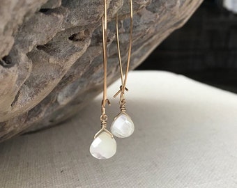 Long Mother of Pearl Hoop Dangle Earrings Gold, Ivory Shell Hoops, Gemstone Earrings, Pearl Jewelry, Wedding Jewelry