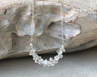 Herkimer Diamond Row Necklace 14k Gold Filled or Sterling Silver, Dainty Beaded Clear Quartz Layering Necklace, Minimalist Gemstone Gift