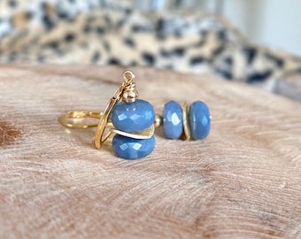 Small Denim Blue Opal Dangle Earrings Gold, Opal Jewelry, Dainty Blue Stone Earrings, Gemstone Earrings
