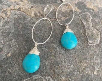 Large Turquoise Earrings, Turquoise and Sterling Silver, Silver Hoop Earrings, Statement Earrings