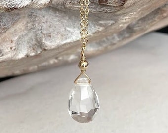 Gold Filled Clear Quartz Necklace, Rock Crystal Pendant, Minimalist Layering Jewelry