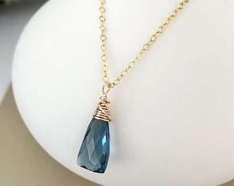 London Blue Topaz Quartz Pendant Necklace, Dainty Blue Gemstone Necklace, Gold or Silver Layering Jewelry, Gift for Her
