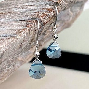 Dainty Aquamarine Teardrop Earrings – Blue Swarovski Crystal Dangle in Gold Filled or Sterling Silver, March Birthstone Jewelry Gift for Her