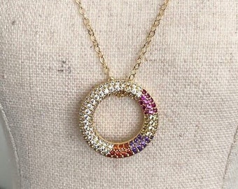 Floating Open Circle Necklace, 24k Gold Plated Multi Color CZ Eternity Necklace, Gemstone Layering Necklace