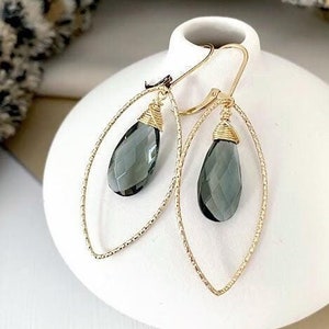 Moss Aquamarine Quartz Hoops, Teardrop Dangle Earrings, Large Textured Gold Marquise Hoops, Gemstone Drop Statement Earrings, Jewelry Gift