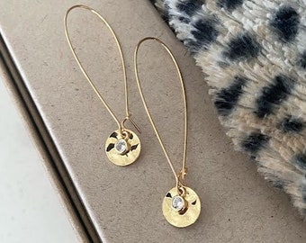 Hoop Earrings Gold with Charm, Long Wavy Disc Hoop Earrings with CZ Drops, Simple Everyday Dangle Earrings