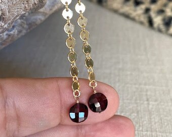 Garnet Earrings, January Birthday Gifts for Her, Long Garnet Drop Dangle, January Birthstone, Garnet Jewelry, Minimalist Gemstone Earrings