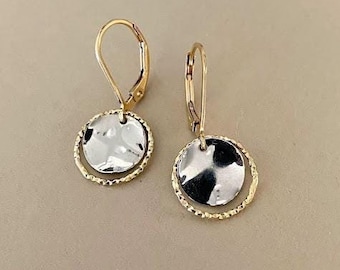 Gold and Silver Disc Earrings, Two-Tone Dangle Earrings, Mixed Metal Minimalist Jewelry