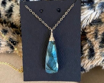 Large Labradorite Necklace, Gold Filled or Sterling Silver Labradorite Pendant, Blue Flash Gemstone Layering Necklace