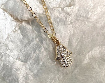 Tiny Hamsa Hand Charm Necklace Gold, Small CZ Hand of Fatima Necklace, Hamsa Jewelry