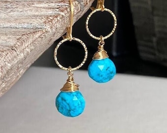 Genuine Turquoise Earrings, Turquoise and Gold Earrings, Blue Gemstone Earrings, Birthday Jewelry Gifts for Her