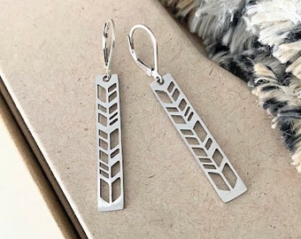 Modern Chevron Filigree Earrings, Natural Silver Stainless Steel Geometric Earrings, Long Rectangle Dangle Earrings