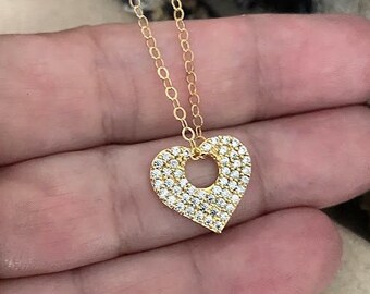 Floating Open Heart Necklace, 24k Gold Plated Small CZ Heart Charm Necklace, Love Jewelry, Layering Necklace