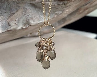 Smoky Quartz Cluster Necklace, Brown and Gold Gemstone Pendant Necklace, Jewelry Gifts for Her