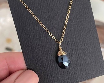 Small Black Spinel Necklace Gold Filled or Sterling Silver, Gemstone Layering Necklace for Women, Black and Gold